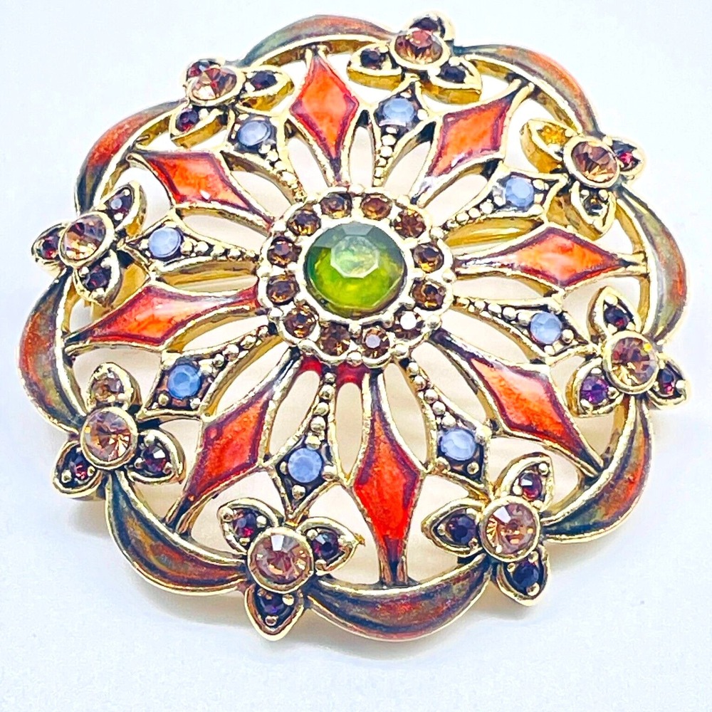 MONET Signed Enamel Rhinestone Brooch Gold Tone Floral Medallion Statement Vtg